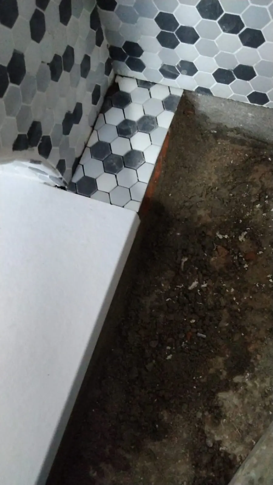 Inicio del revestimiento de mosaico geométrico en la zona de ducha